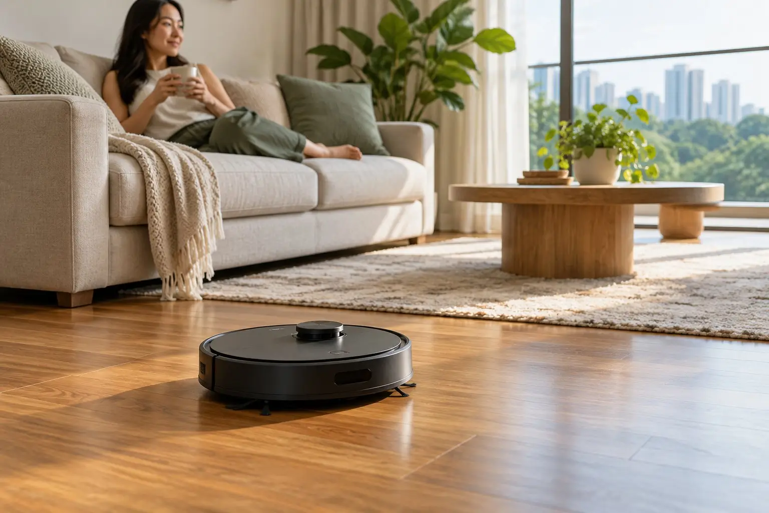 A generic round robot vacuum on a wooden floor in a living room