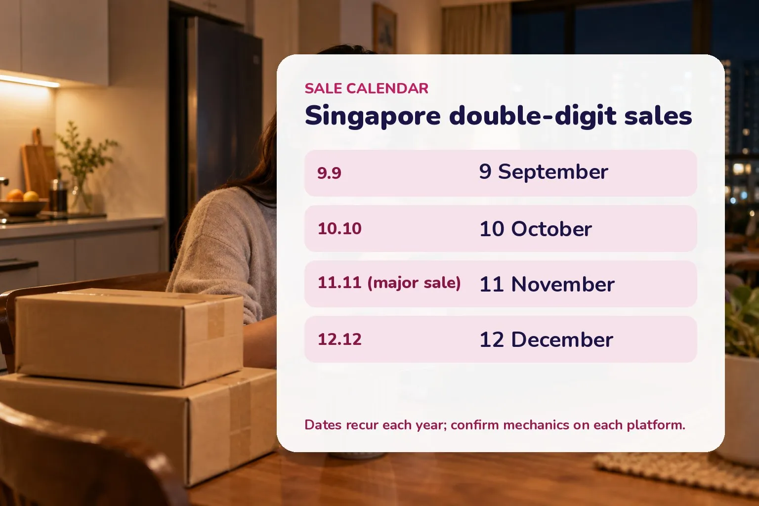 Card listing the double-digit sale dates: 9.9, 10.10, 11.11 and 12.12