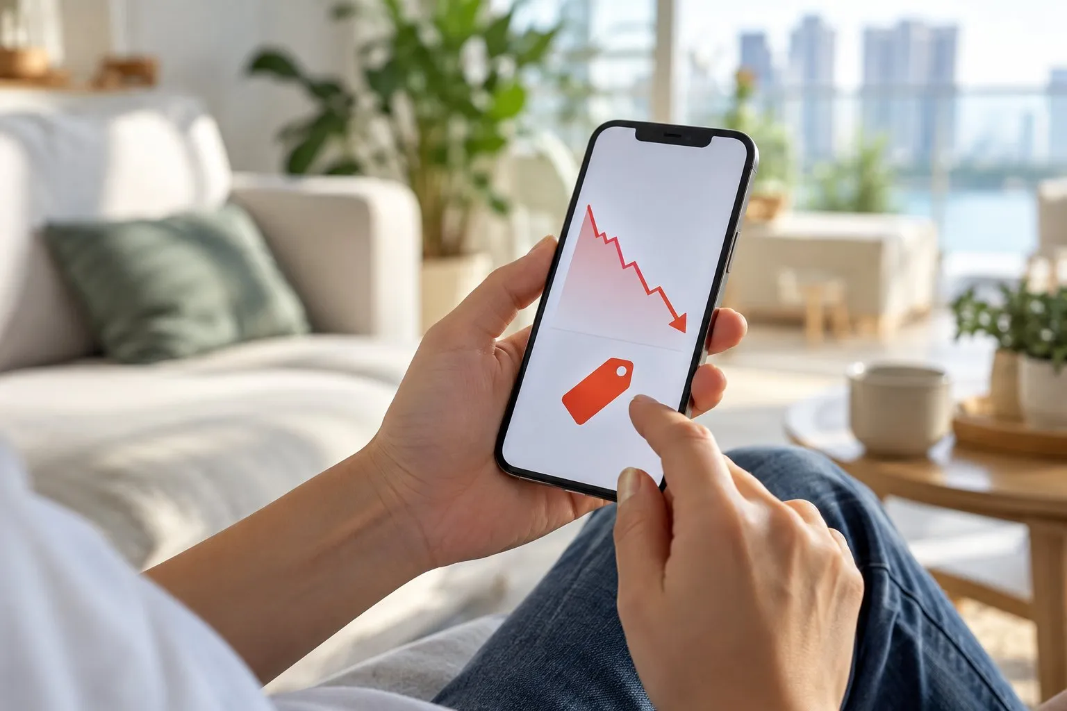 A close-up of hands holding a phone showing a simple line chart going down