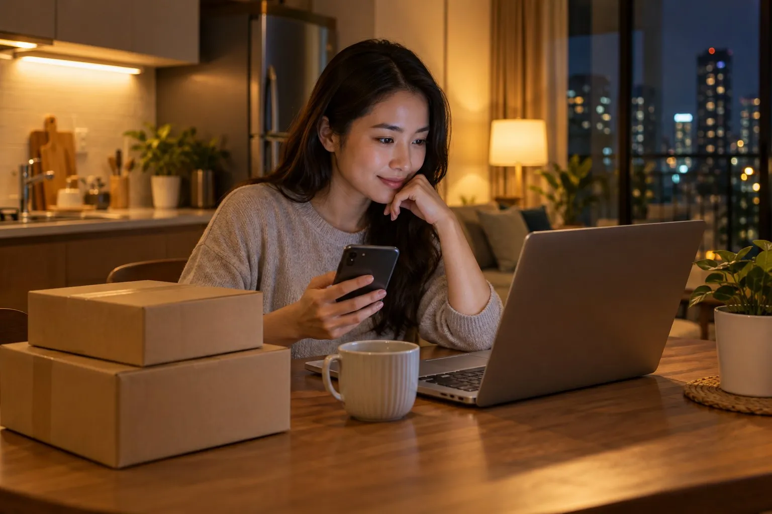 A person comparing products on a phone and laptop at a kitchen table, shopping bags nearby