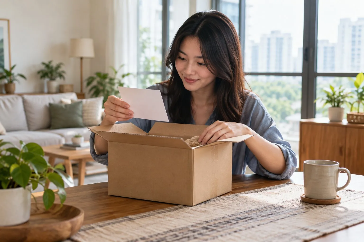 A person unpacking a delivery box at home and checking a receipt