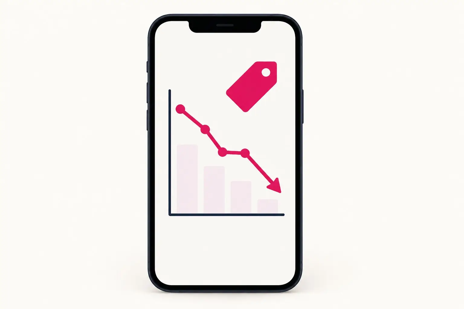 A flat illustration of a phone showing a downward price line and a tag